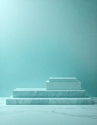 The primary subject of the image is a stack of three blue marble blocks. The setting is a white wall, and the visual style is a photo. The colors and mood of the image are predominantly blue, creating a calm and serene atmosphere.