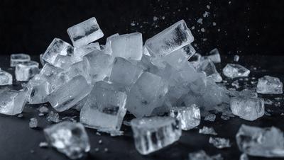 The primary subject of the image is a pile of ice cubes. The ice cubes are scattered on a black surface, creating a visually striking contrast. The setting appears to be a dark room, with the ice cubes being the main focus of the image. The visual style is a close-up of the ice cubes, showcasing their intricate details. The colors and mood of the image are predominantly black and white, giving it a cool and minimalist appearance.