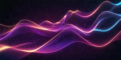 The primary subject of the image is a purple and orange wave, which appears to be a digital art or illustration. The setting is a dark background, which contrasts with the vibrant colors of the wave. The visual style gives the impression of a futuristic or abstract design. The dominant colors are purple and orange, creating a lively and energetic atmosphere.