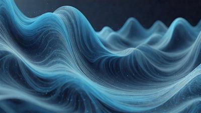 The primary subject of the image is a blue wave, which is the main object, scene, or focus of the image. The setting or background features a dark blue surface, which adds to the overall atmosphere. The visual style of the image is digital art, as it is a computer-generated representation of a wave. The dominant colors in the image are blue, which creates a calm and serene mood.