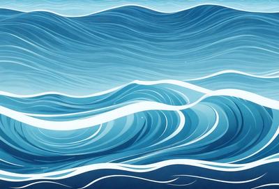 The primary subject of the image is a large body of blue water with waves. The setting is a vast ocean, and the visual style is a digital art or illustration. The dominant colors are blue and white, creating a serene and calming atmosphere.