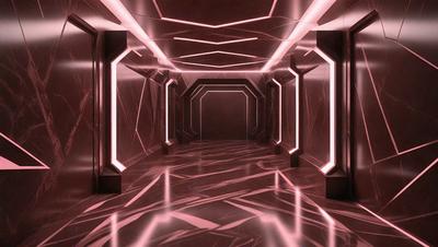 The primary subject of the image is a long, narrow hallway with a pink lighting effect. The setting is a dark room with a red and pink color scheme. The visual style appears to be a combination of a photo and digital art, creating a unique and intriguing atmosphere. The colors and mood of the scene are predominantly pink and red, giving the space a warm and inviting feel.