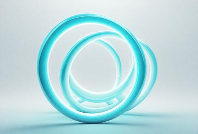 The primary subject of the image is a blue light sculpture, which is a modern art piece. The sculpture is made up of three blue rings, arranged in a circular pattern. The setting is a white background, which provides a clean and minimalist look to the artwork. The visual style is a combination of digital art and modern design, creating a unique and eye-catching piece. The colors and mood of the image are predominantly blue, giving it a calm and serene atmosphere.