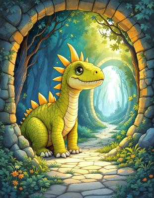 Primary subject: Dinosaur
Setting/background: Forest
Visual style: Digital art
Colors and mood: Green, yellow, and brown