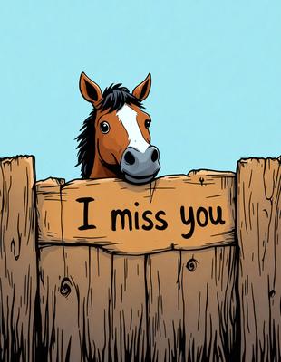 The primary subject of the image is a horse, which is standing behind a wooden fence. The horse is looking over the fence, and there is a sign on the fence that reads "I miss you." The setting appears to be a farm or a rural area, and the visual style is a combination of digital art and illustration. The colors in the image are predominantly earthy tones, giving the scene a calm and peaceful atmosphere.
