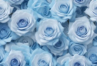 The primary subject of the image is a large group of blue roses. The setting is a blue background, which creates a visually appealing contrast with the blue roses. The visual style is a close-up of the roses, showcasing their details and beauty. The colors and mood of the image are predominantly blue, giving it a calm and serene atmosphere.