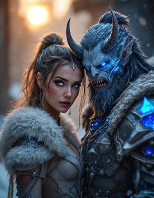 The primary subject of the image is a woman and a demon-like creature, possibly a demon or a demonic character, standing close to each other. The setting appears to be a snowy environment, with the woman and the demonic creature standing in the snow. The visual style of the image is a digital art or illustration, with the woman and the demonic creature being the main focus of the scene. The colors in the image are predominantly white and blue, giving the scene a cold and icy atmosphere.