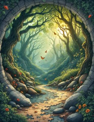 The primary subject of the image is a forest scene with a pathway surrounded by trees and rocks. The setting is a lush, green forest with a sunlit atmosphere. The visual style is a digital art illustration, creating a vibrant and detailed representation of the forest. The colors and mood are predominantly warm and inviting, with the sunlight illuminating the path and the forest.