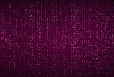 The primary subject of the image is a close-up of a purple background with a pattern of binary code. The setting is a digital artwork, and the visual style is a combination of a photo and a digital illustration. The dominant colors are purple and black, creating a moody and futuristic atmosphere.