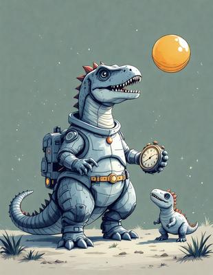 The primary subject of the image is a large, anthropomorphic dinosaur, possibly a T-Rex, standing next to a smaller dinosaur, which could be a baby or a different species. The setting appears to be a grassy area, and the visual style is a combination of digital art and illustration. The colors and mood of the image are predominantly dark, with the large dinosaur being the main focus.