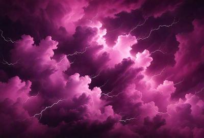 The primary subject of the image is a purple cloud with lightning bolts streaking through it. The setting is a dark, stormy sky, and the visual style is a digital art or illustration. The dominant colors are purple and pink, with the lightning bolts adding a sense of energy and intensity to the scene.