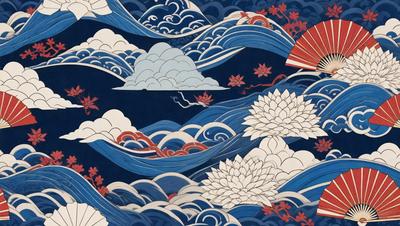 The primary subject of the image is a beautifully drawn blue and white wave with red accents. The setting is a blue ocean, and the visual style is a combination of digital art and illustration. The dominant colors are blue, white, and red, creating a serene and calming atmosphere.