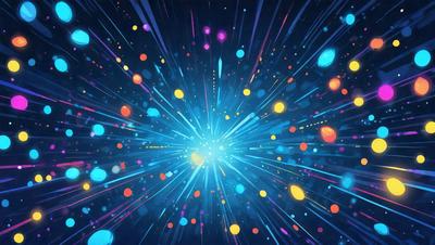 The primary subject of the image is a bright, colorful, and vibrant explosion of light. The setting is a dark background, which contrasts with the bright colors of the light. The visual style is a digital art or illustration, as the light appears to be a digital creation. The colors and mood of the image are energetic, lively, and dynamic, with the bright colors and light creating a sense of movement and excitement.