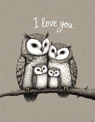 The image features a family of three owls sitting on a branch. The owls are positioned closely together, with one owl on the left, another in the middle, and the third on the right. The owls are surrounded by a peaceful, natural setting, with a tree branch serving as the primary surface. The visual style of the image is a combination of digital art and illustration, creating a charming and whimsical scene. The colors and mood of the image are warm and inviting, with the owls