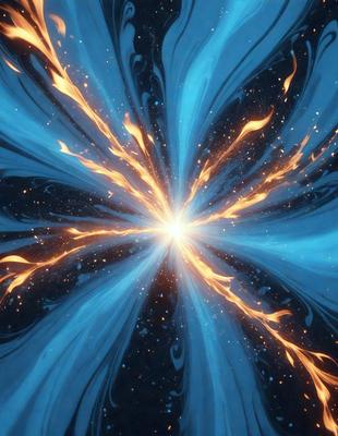 The primary subject of the image is a bright, colorful, and swirling pattern that resembles a sun or a fire. The setting is a dark background, which contrasts with the vibrant colors of the pattern. The visual style appears to be a combination of digital art and illustration, creating a dynamic and eye-catching scene. The dominant colors are blue, orange, and yellow, which contribute to a warm and energetic atmosphere.