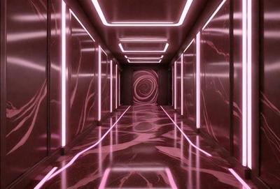 The primary subject of the image is a hallway with a pink and purple color scheme. The setting is a long, narrow hallway with a patterned floor. The visual style is a combination of photo and digital art, creating a unique and artistic atmosphere. The colors and mood of the image are predominantly pink and purple, giving the space a warm and inviting feel.