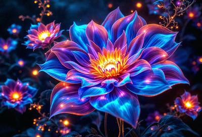 The primary subject of the image is a large, vibrant blue flower with a yellow center. The flower is surrounded by a purple background, creating a striking contrast. The visual style of the image is digital art, with the flower and its surroundings appearing to be painted or drawn. The dominant colors in the image are blue, purple, and yellow, creating a lively and captivating atmosphere.