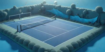 The primary subject of the image is a tennis court with a blue surface. The setting is a blue background, and the visual style is digital art. The colors and mood of the image are predominantly blue, creating a calm and serene atmosphere.