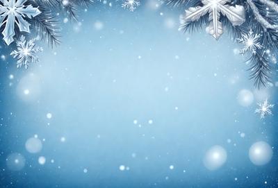The primary subject of the image is a blue sky with snow falling. The setting is a winter scene with snow covering the ground. The visual style is a digital art or illustration, creating a serene and peaceful atmosphere. The dominant colors are blue and white, with the snow adding a touch of white to the blue sky.