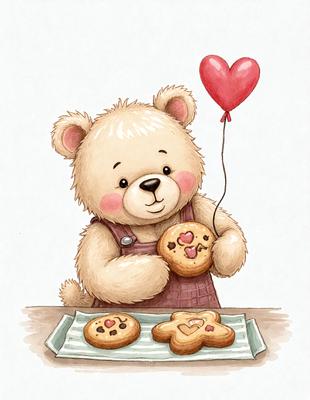 The primary subject of the image is a teddy bear holding a cookie. The setting is a table with a tray of cookies, and the visual style is a cartoon or illustration. The colors are predominantly brown and red, giving the scene a warm and inviting atmosphere.
