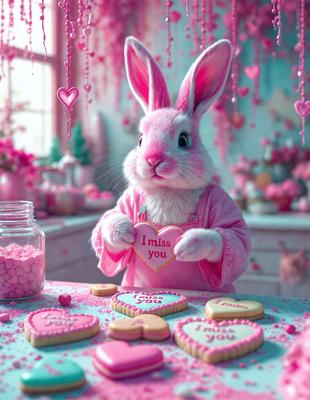 The primary subject of the image is a bunny rabbit wearing a pink outfit and holding a heart-shaped cookie. The setting is a kitchen, with a dining table visible in the background. The visual style is a combination of photo and digital art, creating a whimsical and playful atmosphere. The dominant colors are pink and white, which contribute to the overall mood of the image.