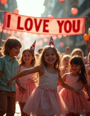 The primary subject of the image is a young girl wearing a pink dress and a birthday hat, smiling and dancing in front of a crowd of people. The setting is an outdoor event, possibly a birthday party or a celebration. The visual style is a photo, capturing the girl's joyful expression and the lively atmosphere. The colors in the image are predominantly pink, which adds a cheerful and warm mood to the scene.