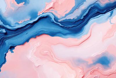 The primary subject of the image is a painting featuring a blue and pink color scheme. The painting is displayed on a pink background, which adds a contrasting element to the artwork. The visual style of the painting is a mix of digital art and illustration, creating a unique and eye-catching piece. The dominant colors in the painting are blue and pink, which evoke a sense of warmth and tranquility.
