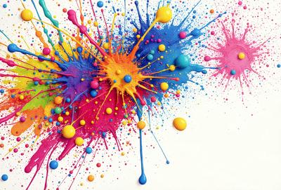 The primary subject of the image is a close-up of a colorful, abstract painting. The painting is a mix of various colors, creating a vibrant and lively atmosphere. The setting is a white background, which allows the colors of the painting to stand out prominently. The visual style of the image is a combination of digital art and illustration, as it appears to be a digital painting. The colors and mood of the painting are energetic and uplifting, making it an engaging and visually appe