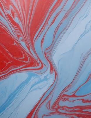 The primary subject of the image is a swirling, colorful pattern that resembles a painting or a digital artwork. The setting is a blue and red background, which adds to the vibrant colors of the pattern. The visual style appears to be a combination of photo and digital art, creating a unique and eye-catching design. The dominant colors are red and blue, which evoke a sense of energy and movement in the artwork.
