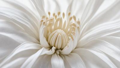 The primary subject of the image is a white flower with a large, open center. The setting is a white background, which provides a clean and minimalist appearance. The visual style is a close-up of the flower, showcasing its details and texture. The colors and mood of the image are predominantly white, giving it a serene and peaceful atmosphere.