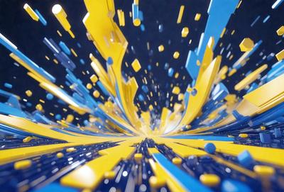 The primary subject of the image is a colorful, abstract design featuring yellow, blue, and orange colors. The setting is a blue background, which contrasts with the vibrant colors of the design. The visual style appears to be a combination of digital art and illustration, creating a dynamic and eye-catching pattern. The overall atmosphere is lively and energetic, with the colors and design elements working together to create a captivating and engaging image.