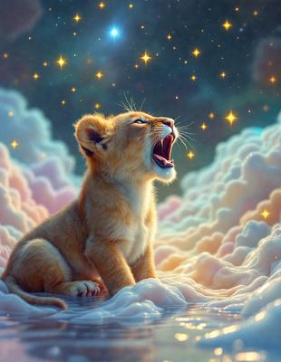 The primary subject of the image is a lion cub, which is the main focus of the scene. The lion cub is sitting on a cloud, surrounded by a pink and white background. The visual style of the image is digital art, as it is a well-crafted illustration of the lion cub. The dominant colors in the image are pink and white, creating a soft and whimsical atmosphere.