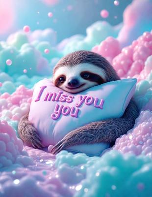 The primary subject of the image is a sloth, which is laying on a pillow with a message written on it. The sloth is surrounded by a pink and blue background, giving the scene a vibrant and playful atmosphere. The visual style of the image is a combination of photo and digital art, creating a unique and eye-catching composition. The colors and mood of the image are predominantly pink and blue, evoking a sense of warmth and happiness.