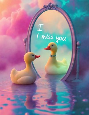 The primary subject of the image is a duck, which is the main object, scene, or focus of the image. The duck is standing in front of a mirror, which serves as the setting or background of the image. The visual style of the image is digital art, as it is a computer-generated illustration. The colors and mood of the image are predominantly pink and blue, creating a whimsical and playful atmosphere.