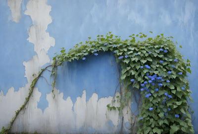 The primary subject of the image is a blue wall with a green vine growing on it. The setting is an outdoor environment, and the visual style appears to be a photo. The dominant colors are blue and green, creating a calm and serene atmosphere.