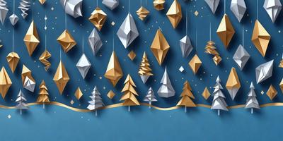 The primary subject of the image is a collection of Christmas trees, which are depicted in various shapes and sizes. The trees are hanging from strings, creating a festive and decorative scene. The setting is a blue background, which adds to the holiday atmosphere. The visual style is a combination of digital art and illustration, giving the image a unique and creative appearance. The dominant colors are gold and blue, which are associated with the Christmas season and create a warm and inviting mood.