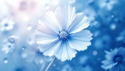 The primary subject of the image is a single white flower with a blue center, sitting in a blue background. The visual style of the image is a photo, capturing the beauty of the flower in its natural environment. The colors and mood of the image are predominantly blue, creating a serene and calming atmosphere.