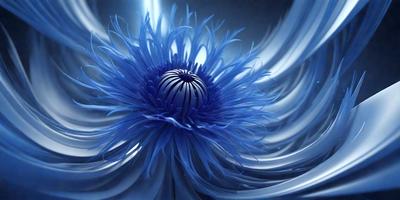 The primary subject of the image is a blue flower with a black center, surrounded by a blue background. The visual style appears to be a digital art or illustration, as the flower is depicted in a detailed and vibrant manner. The colors and mood of the image are predominantly blue, creating a calm and serene atmosphere.