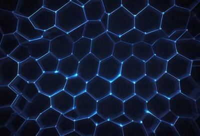 The primary subject of the image is a blue, honeycomb-like pattern. The setting is a dark background, which contrasts with the blue pattern. The visual style is a digital art or illustration, as the pattern appears to be a digital creation. The colors and mood of the image are predominantly blue, creating a calm and serene atmosphere.