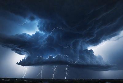 The primary subject of the image is a large, dark cloud with lightning bolts illuminating it. The cloud is hovering over a city, creating a dramatic and intense atmosphere. The setting is an urban environment, with buildings and streets visible beneath the cloud. The visual style is a photo, capturing the powerful display of lightning and the cloud's ominous presence. The colors and mood are dark and intense, with the lightning bolts adding a sense of danger and excitement to the scene.