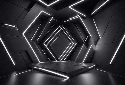 The primary subject of the image is a black and white photo of a room with a unique design. The room features a large, circular pattern with a central hole, and the walls are adorned with a series of triangular shapes. The setting is a dark room with a black background, which adds to the dramatic atmosphere of the scene. The visual style of the image is a black and white photo, which emphasizes the contrasting shapes and patterns. The colors and mood of the image are predominantly dark and moody,