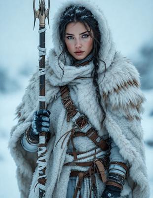 The primary subject of the image is a woman dressed in a white fur coat, holding a wooden spear. She is standing in a snowy environment, which adds to the cold and wintry atmosphere of the scene. The visual style of the image is a combination of photo and digital art, creating a unique and captivating representation of the woman and her surroundings. The colors and mood of the image are predominantly white and cold, emphasizing the wintery setting and the woman's attire.