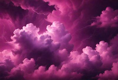 The primary subject of the image is a purple cloud with pink and white accents, set against a dark purple sky. The cloud appears to be a part of a larger cloud formation, creating a dramatic and moody atmosphere. The visual style of the image is a combination of photo and digital art, with the cloud and sky elements appearing to be digitally manipulated. The colors and mood of the image are predominantly dark and dramatic, with the purple and pink hues adding a sense of intensity and