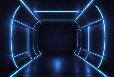 The primary subject of the image is a long, narrow, and dark tunnel with a blue light illuminating it. The setting is a tunnel, and the visual style is a photo. The dominant colors are blue and black, creating a moody atmosphere.