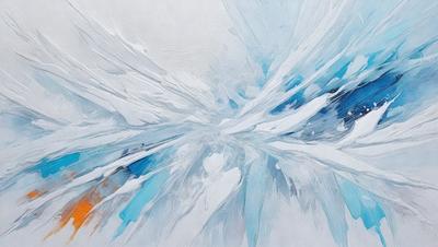The primary subject of the image is a painting of a white and blue snowy landscape. The setting is a white and blue background, which adds to the overall atmosphere of the painting. The visual style of the painting is a mix of digital art and illustration, creating a unique and captivating piece of art. The dominant colors in the painting are white and blue, which evoke a sense of coldness and tranquility.