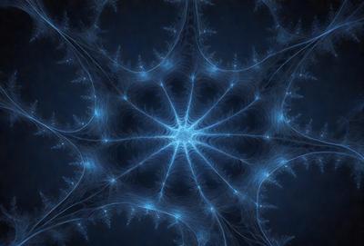 The primary subject of the image is a blue, light-filled, and intricate pattern. The setting is a dark background, which contrasts with the bright blue pattern. The visual style is a combination of digital art and illustration, creating a unique and captivating design. The colors and mood of the image are predominantly blue, with a sense of depth and complexity.