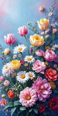 The primary subject of the image is a bouquet of flowers, featuring a variety of different types of flowers. The setting is a blue background, which adds a vibrant and calming atmosphere to the scene. The visual style is a combination of photo and digital art, creating a realistic yet artistic representation of the flowers. The colors and mood of the image are predominantly pink and yellow, evoking feelings of warmth, happiness, and natural beauty.