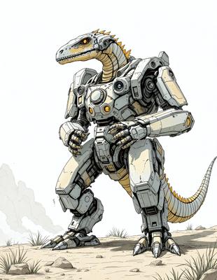 The primary subject of the image is a robotic dinosaur, which is a combination of a robot and a dinosaur. The robotic dinosaur is standing on a dirt surface, with a backdrop of a cloudy sky. The visual style of the image is a digital art or illustration, giving it a futuristic and imaginative appearance. The colors and mood of the image are predominantly dark and moody, with the robotic dinosaur being the main focus of the scene.