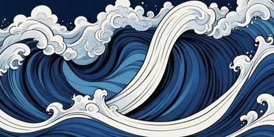 The primary subject of the image is a large wave, which is the main focus of the scene. The wave is depicted in a blue and white color scheme, giving it a vibrant and dynamic appearance. The setting is the ocean, with the wave crashing against the water. The visual style of the image is a combination of digital art and illustration, creating a realistic and engaging representation of the ocean wave. The colors and mood of the image are energetic and captivating, as the wave's movement