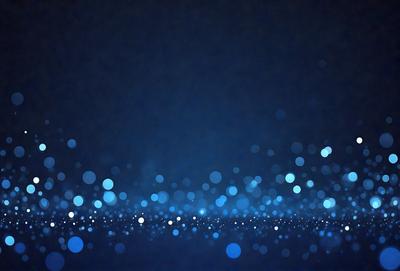 The primary subject of the image is a blue sky with a few white lights scattered throughout. The setting is a dark, starry night with a few bright lights in the distance. The visual style is a combination of a photo and digital art, creating a unique and captivating atmosphere. The colors and mood are predominantly blue and dark, with the white lights adding a touch of brightness and contrast to the scene.